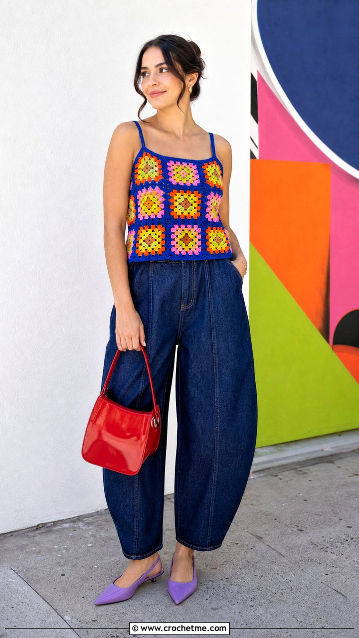 Granny Square Crochet Summer Top With Barrel Jeans - 35 crochet summer tops outfit ideas