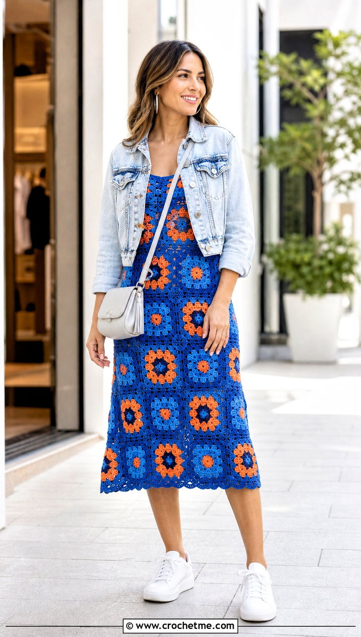 Granny Square Crochet Sun Dress With Denim Jacket - 35 crochet sun dress outfit ideas