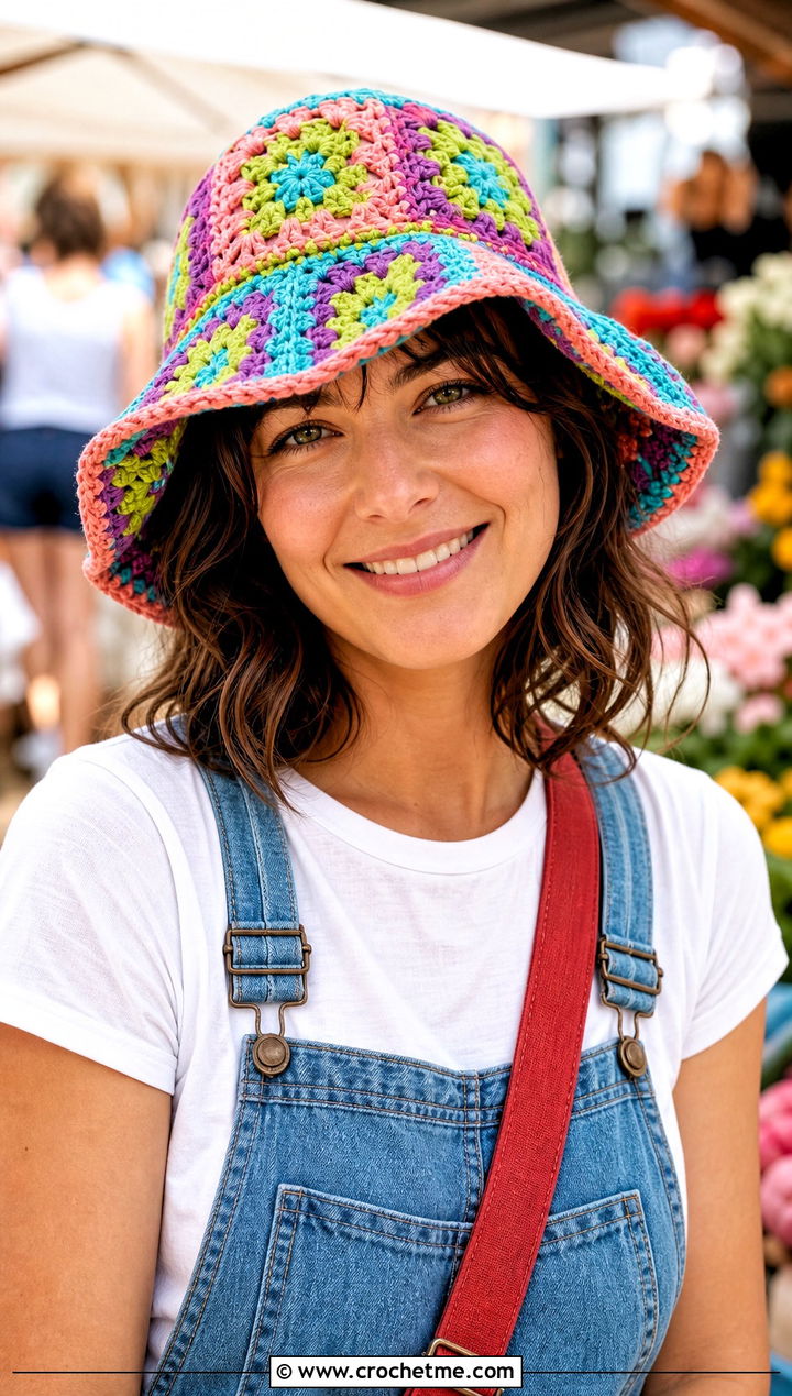 Granny Square Crochet Sun Hat With Overalls - 25 summer crochet sun hat outfit ideas