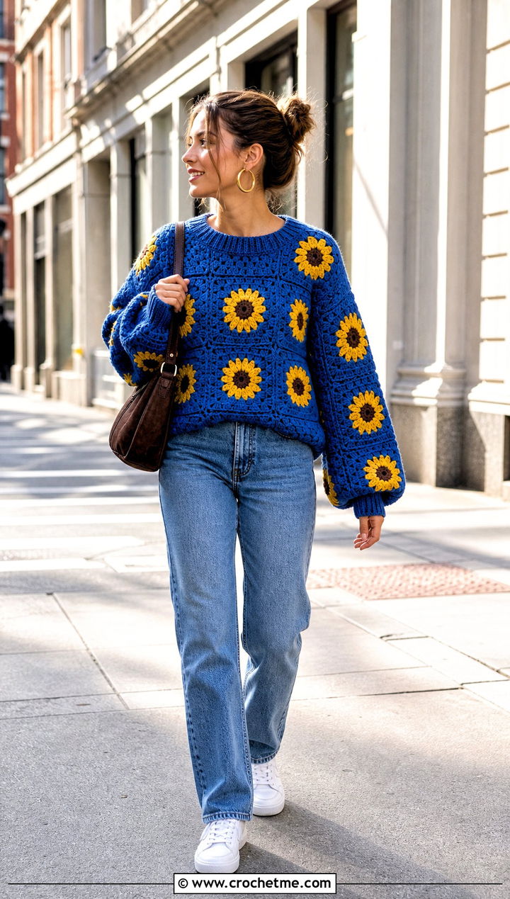 Granny Square Crochet Sunflower Sweater With Straight Leg Jeans - 35 crochet sunflower sweater outfit ideas