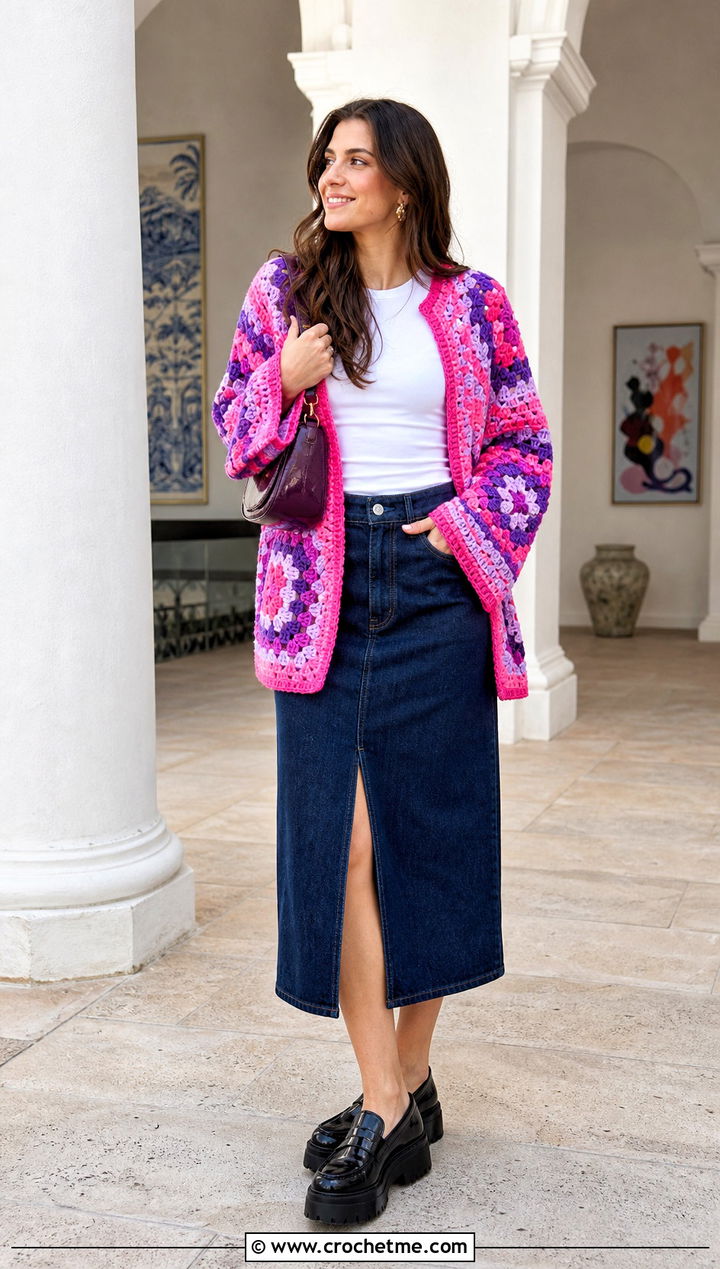 Granny Square Crochet Sweater Blanket With Denim Midi Skirt - 25 crochet sweater blanket outfit ideas