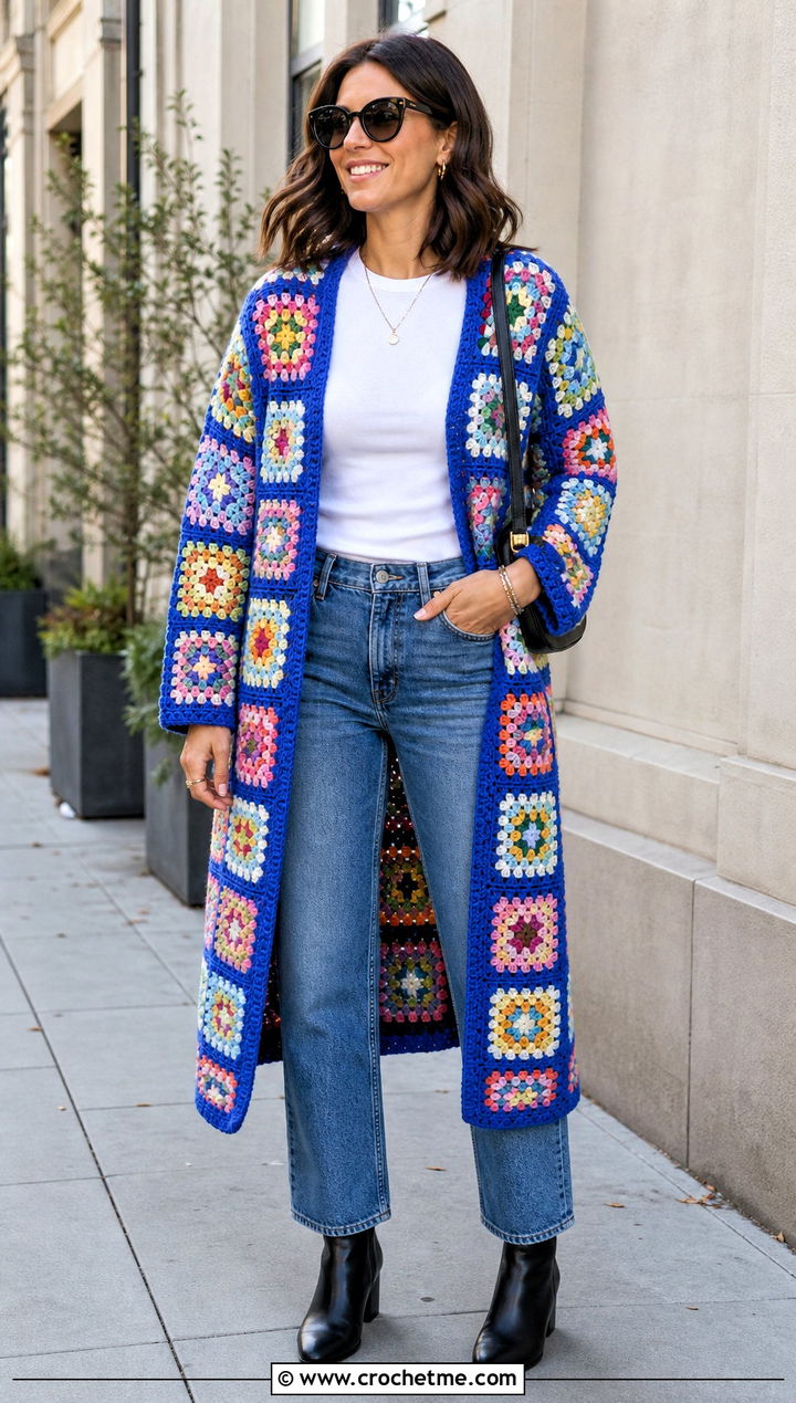 Granny Square Crochet Sweater Coat With Straight Leg Jeans - 20 Crochet Sweater Coat outfit ideas
