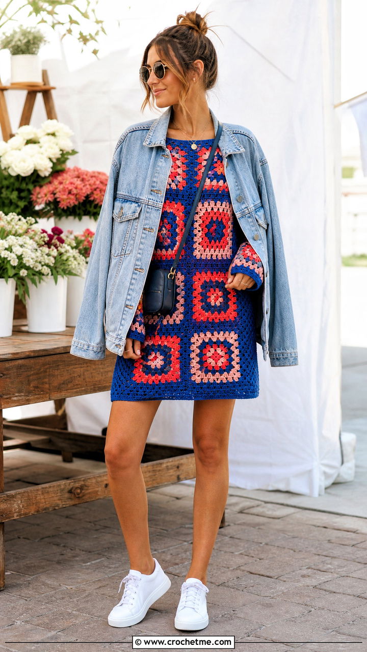 Granny Square Crochet Sweater Dress With Denim Jacket - 35 crochet sweater dress outfit ideas