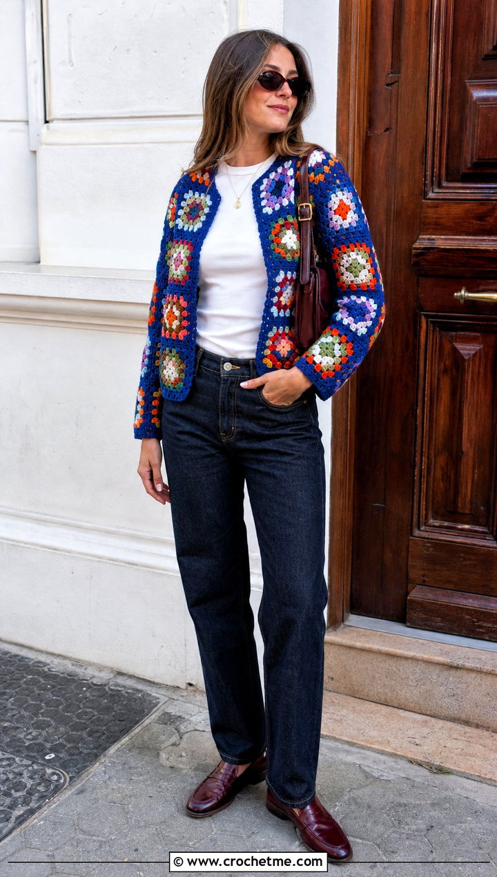 Granny Square Crochet Sweater Jacket With Straight Leg Jeans - 20 Crochet Sweater Jacket outfit ideas
