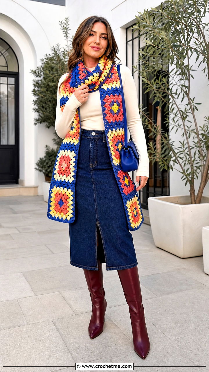 Granny Square Crochet Sweater Scarf With Denim Skirt - 35 crochet sweater scarf outfit ideas