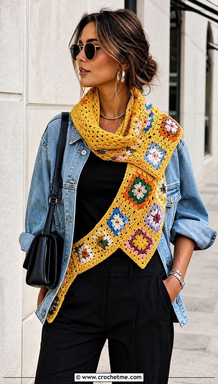 Granny Square Crochet Sweater Scarf Wrap With Denim Jacket - 30 crochet scarf sweater wrap outfit ideas