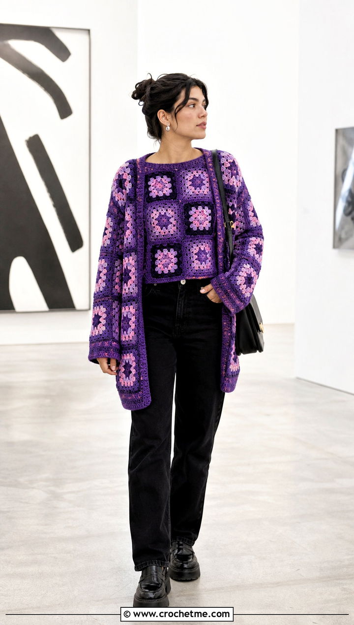 Granny Square Crochet Sweater Set With Black Denim - 25 Crochet Sweater Set outfit ideas