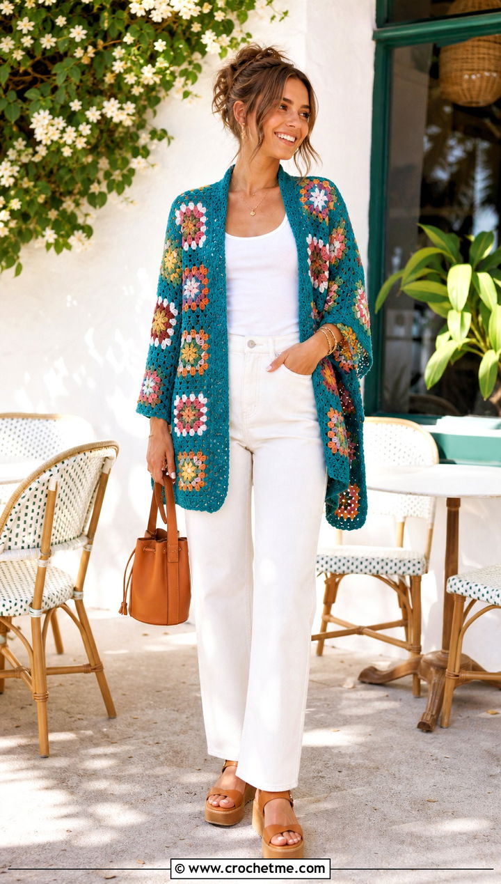 Granny Square Crochet Sweater Shawl With White Denim - 25 crochet sweater shawl outfit ideas