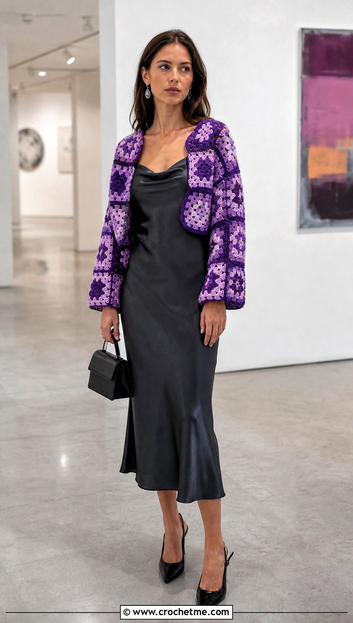 Granny Square Crochet Sweater Shrug With Slip Dress - 30 crochet sweater shrug outfit ideas