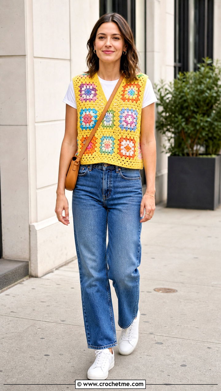 Granny Square Crochet Sweater Vest With Straight Leg Jeans - 25 easy crochet sweater vest outfit ideas