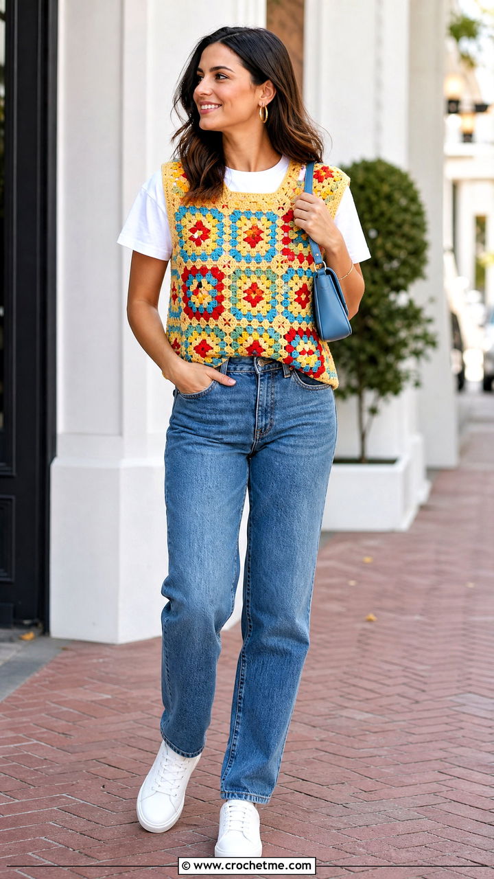 Granny Square Crochet Sweater Vest With Straight Leg Jeans - 35 crochet sweater vest outfit ideas