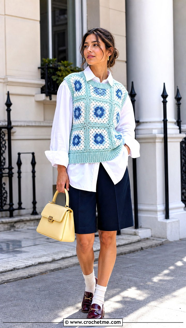 Granny Square Crochet Sweater Vest With White Shirt and Shorts - 15 Bohemian Style Crochet Sweater outfit ideas