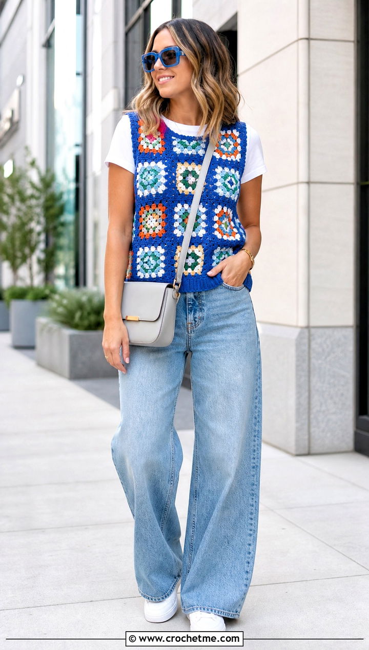 Granny Square Crochet Sweater Vest With Wide Leg Jeans - 15 Handmade Crochet Sweater Vest outfit ideas
