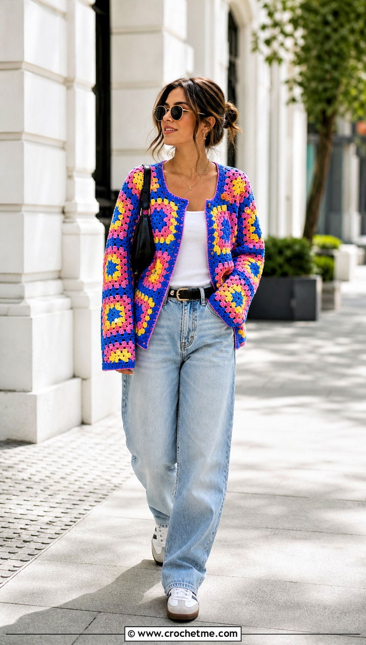 Granny Square Crochet Sweater With Baggy Jeans - 25 90s crochet sweater outfit ideas