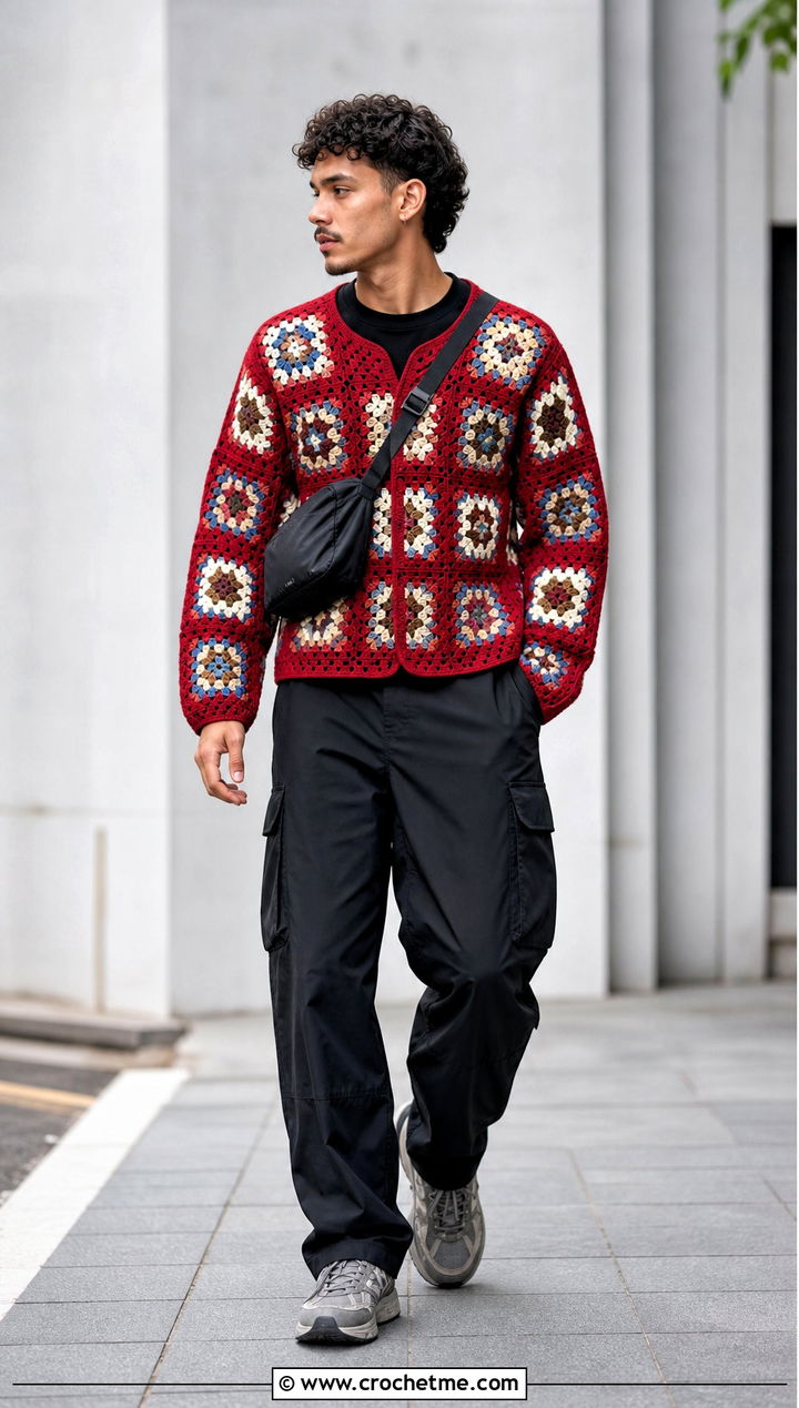 Granny Square Crochet Sweater With Black Cargo Pants - 25 man crochet sweater outfit ideas