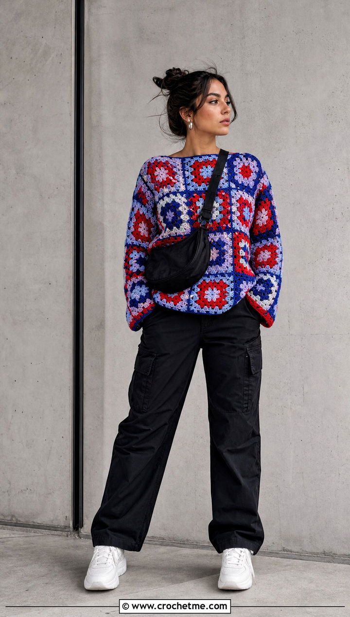 Granny Square Crochet Sweater With Black Cargo Pants - 15 Crochet Comfy Sweater outfit ideas
