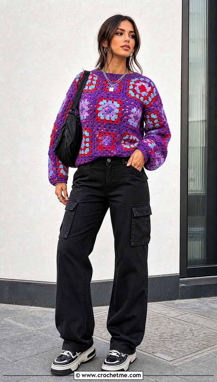 Granny Square Crochet Sweater With Black Cargo Pants - 20 Crochet Ladies Sweater outfit ideas
