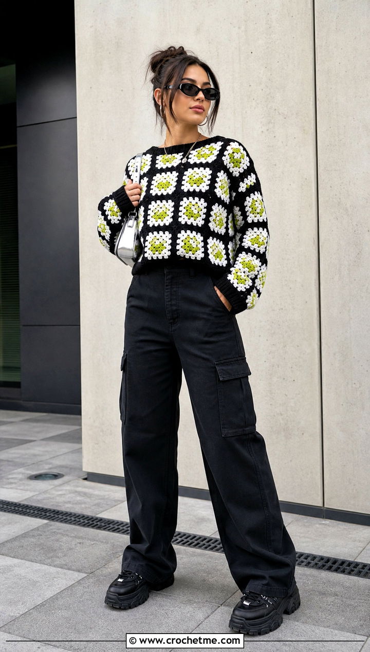 Granny Square Crochet Sweater With Black Cargo Pants - 35 black and white crochet sweater outfit ideas