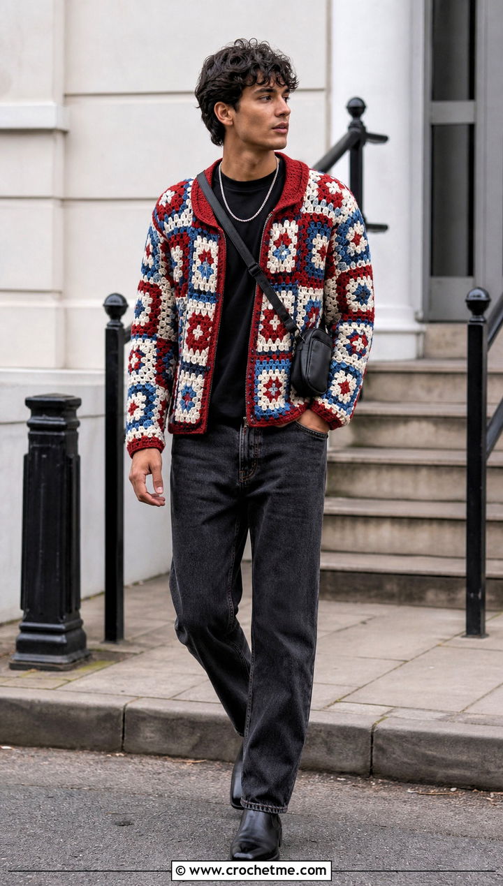 Granny Square Crochet Sweater With Black Denim - 25 Mens Crochet Sweaters outfit ideas