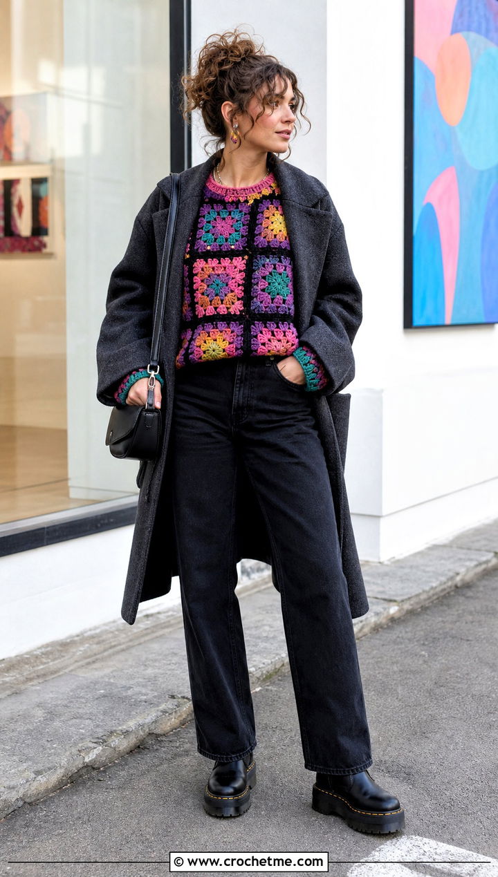 Granny Square Crochet Sweater With Black Denim - 30 crochet winter sweater outfit ideas