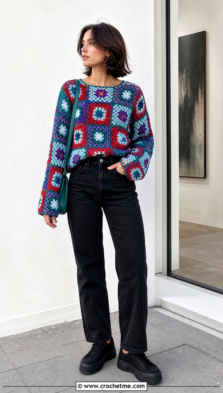 Granny Square Crochet Sweater With Black Jeans - 20 Comfy Crochet Sweater outfit ideas