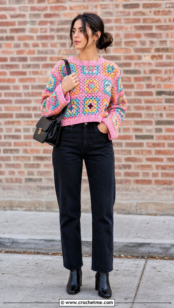 Granny Square Crochet Sweater With Black Jeans - 25 Crochet Textured Sweater outfit ideas