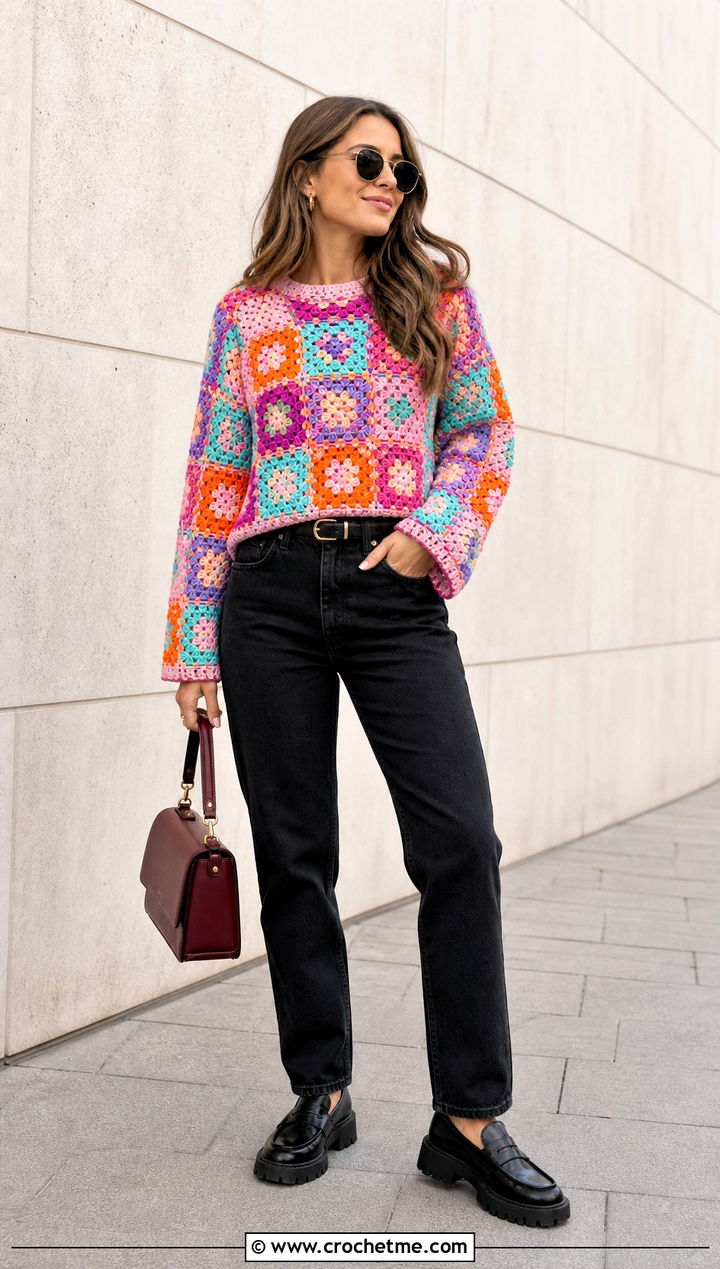 Granny Square Crochet Sweater With Black Jeans - 25 Woman Crochet Sweater outfit ideas