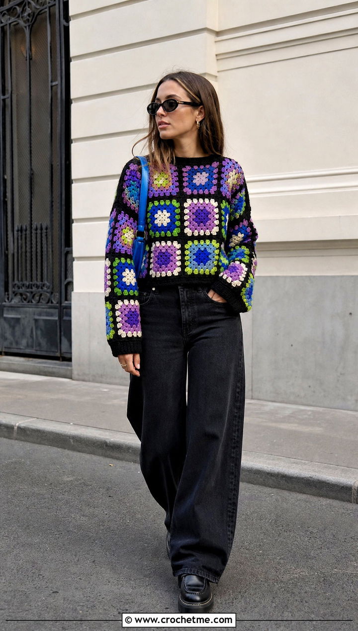 Granny Square Crochet Sweater With Black Wide Leg Jeans - 25 chunky yarn crochet sweater outfit ideas