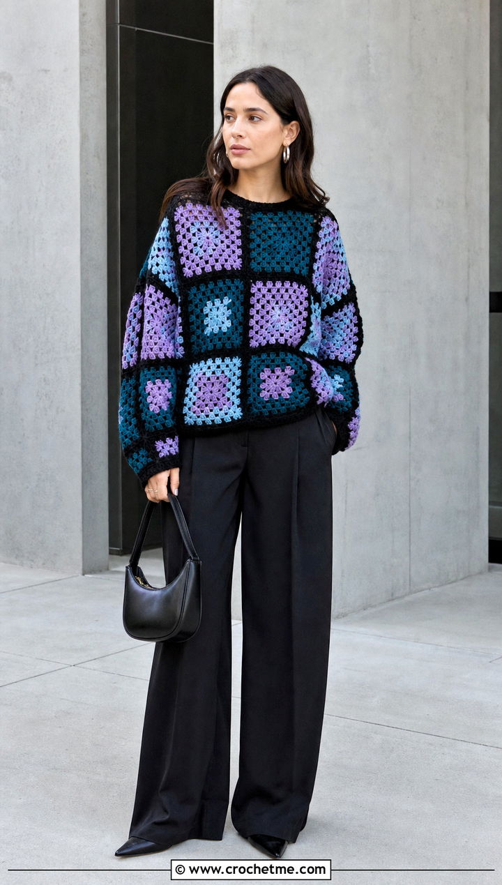 Granny Square Crochet Sweater With Black Wide Leg Pants - 15 Oversized Crochet Sweaters outfit ideas