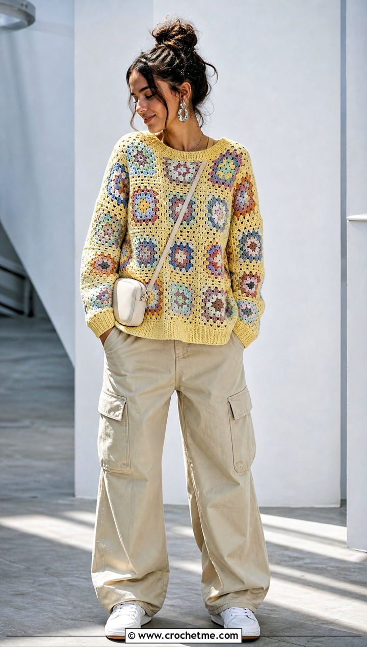 Granny Square Crochet Sweater With Cargo Pants - 30 Knit And Crochet Sweater outfit ideas