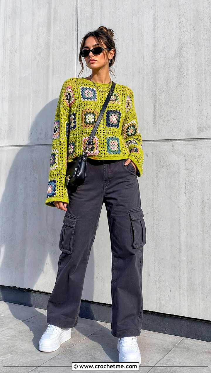 Granny Square Crochet Sweater With Cargo Pants - 15 old navy crochet sweater outfit ideas
