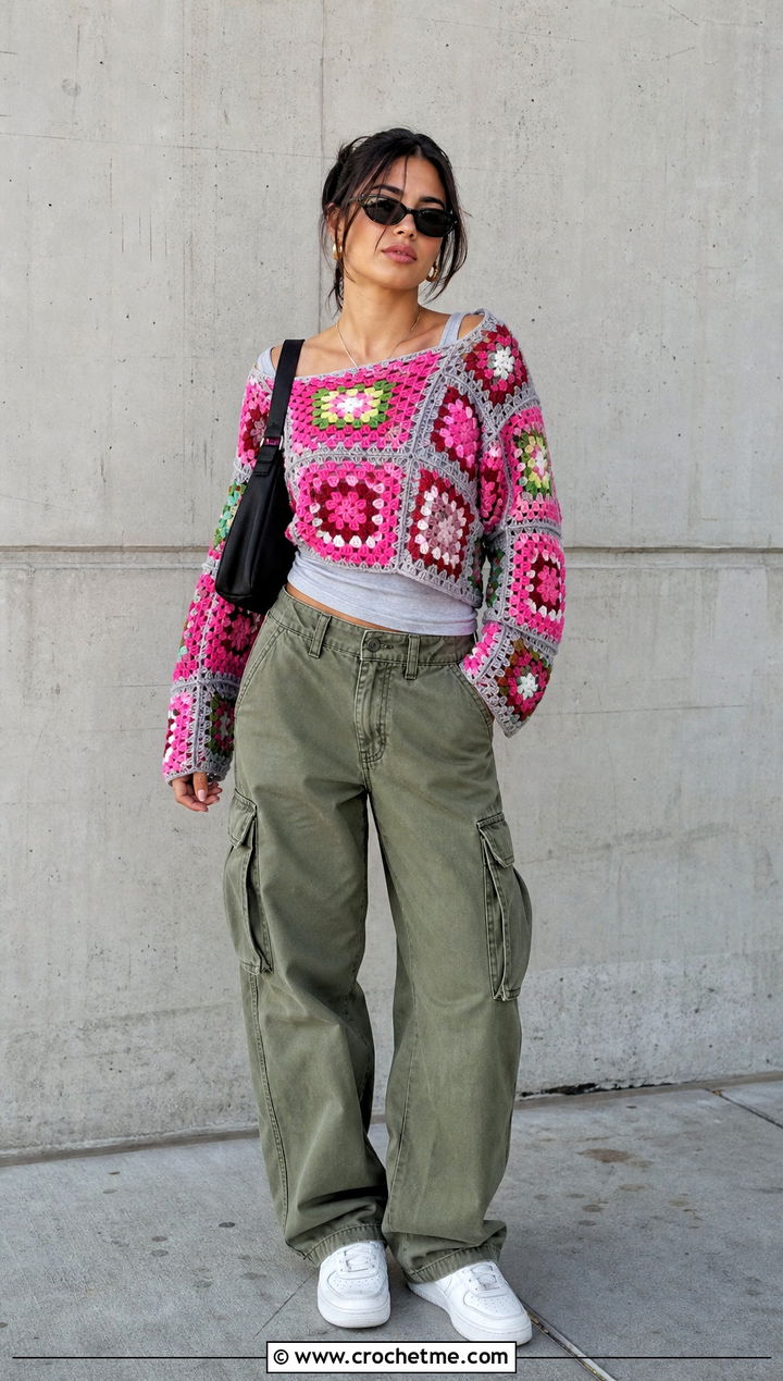 Granny Square Crochet Sweater With Cargo Pants - 20 Open Weave Crochet Sweater outfit ideas