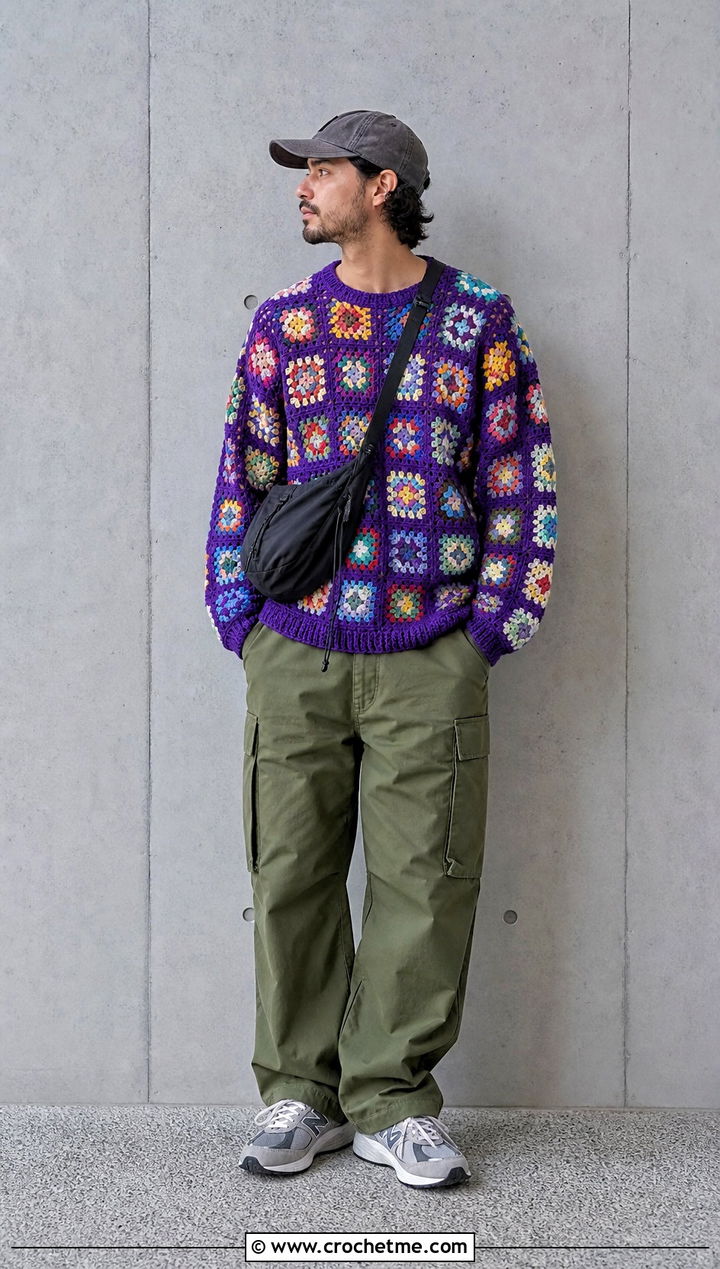 Granny Square Crochet Sweater With Cargo Pants - 30 crochet sweater for man outfit ideas