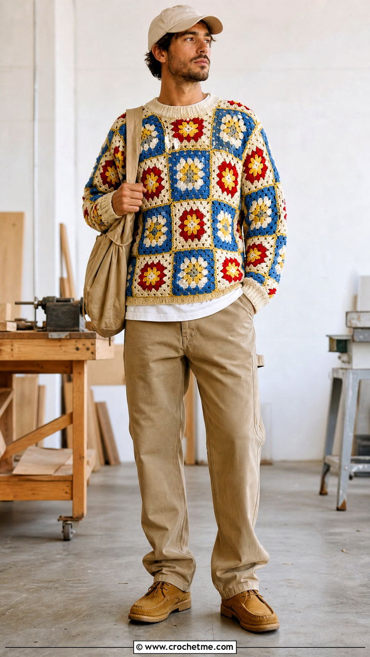 Granny Square Crochet Sweater With Carpenter Pants - 35 men crochet sweater outfit ideas