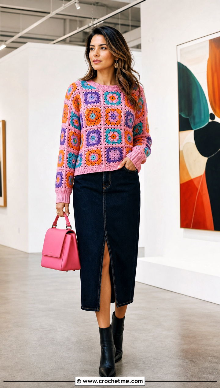 Granny Square Crochet Sweater With Denim Midi Skirt - 15 Open Knit Crochet Sweater outfit ideas