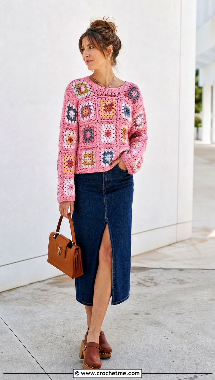 Granny Square Crochet Sweater With Denim Midi Skirt - 25 Basic Crochet Sweater outfit ideas
