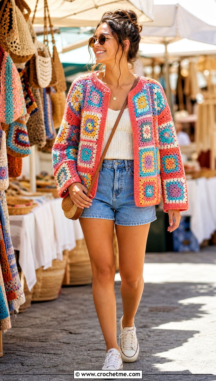 Granny Square Crochet Sweater With Denim Shorts - 35 summer crochet sweater outfit ideas
