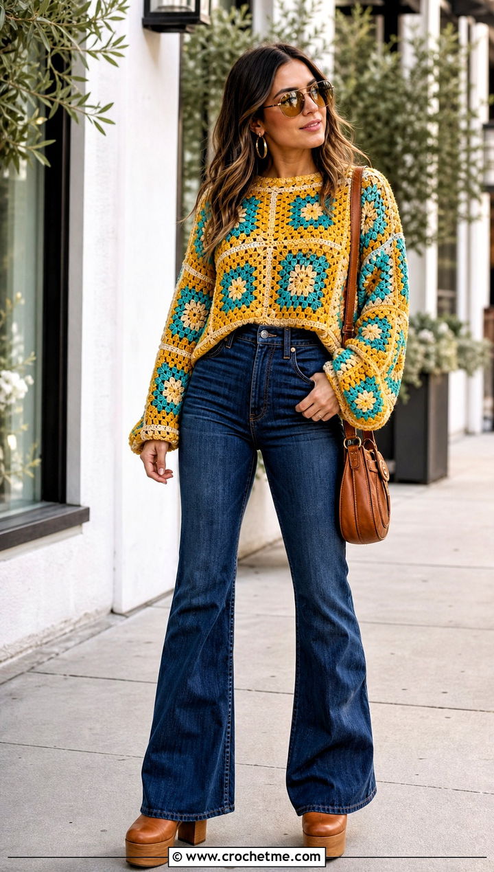 Granny Square Crochet Sweater With Flared Jeans - 15 Crochet Sweater 70S outfit ideas
