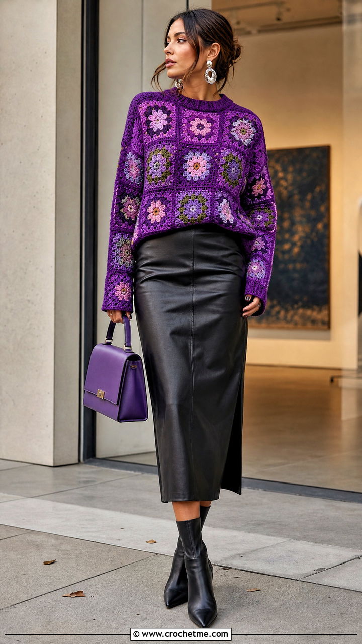 Granny Square Crochet Sweater With Leather Midi Skirt - 35 granny square crochet clothes and outfit ideas