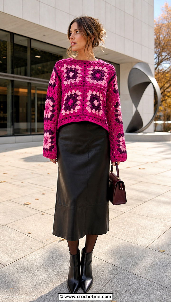 Granny Square Crochet Sweater With Leather Midi Skirt - 30 fall crochet sweaters outfit ideas