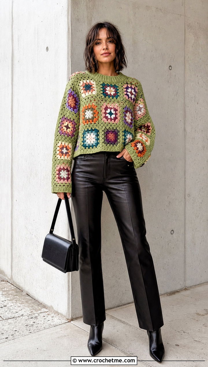 Granny Square Crochet Sweater With Leather Pants - 25 Crochet Quick Sweater outfit ideas