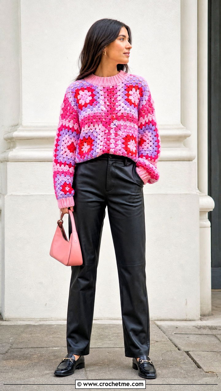Granny Square Crochet Sweater With Leather Pants - 15 crochet sweater collection outfit ideas