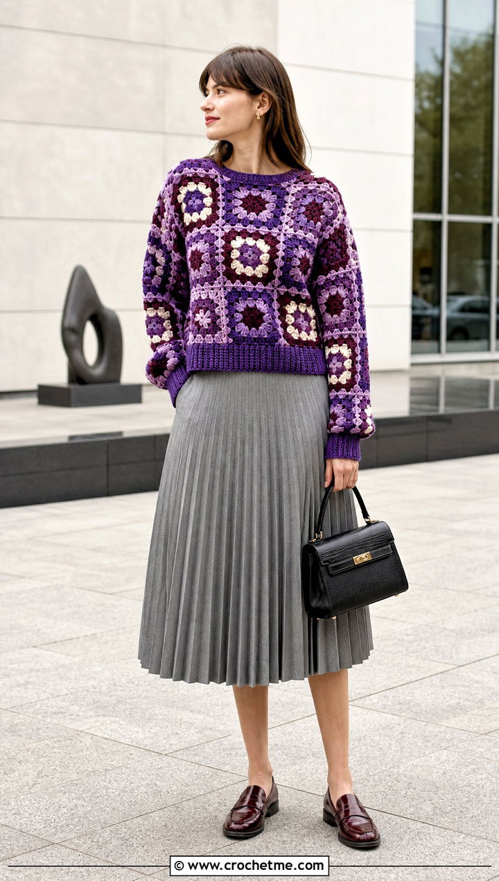 Granny Square Crochet Sweater With Pleated Midi Skirt - 25 crochet sweater and skirt outfit ideas