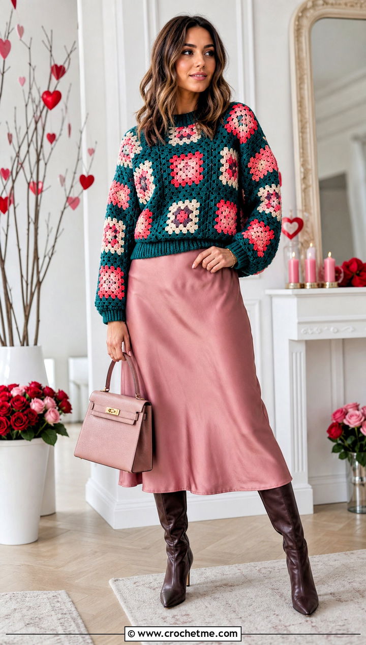 Granny Square Crochet Sweater With Satin Midi Skirt - 25 Valentines Day Crochet Sweater outfit ideas