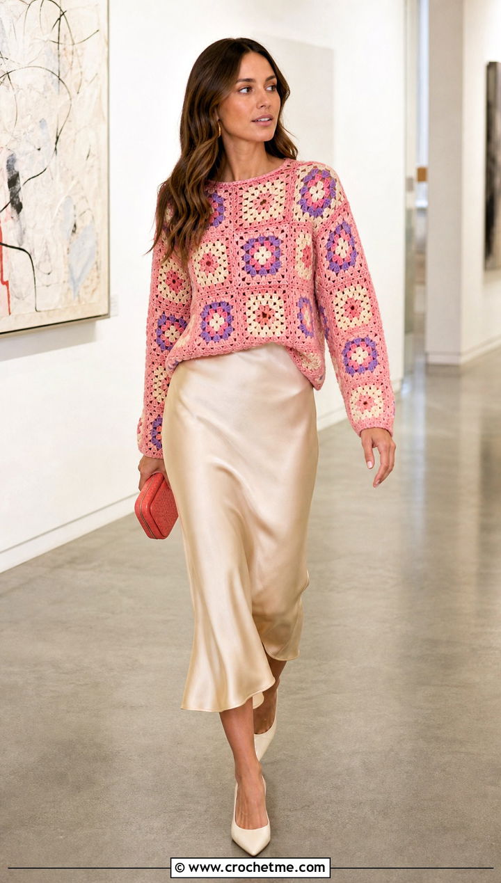 Granny Square Crochet Sweater With Satin Midi Skirt - 15 Simple Crochet Sweater Design outfit ideas