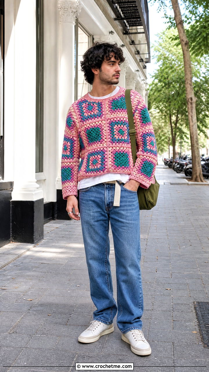 Granny Square Crochet Sweater With Straight Jeans - 35 crochet mens sweater outfit ideas