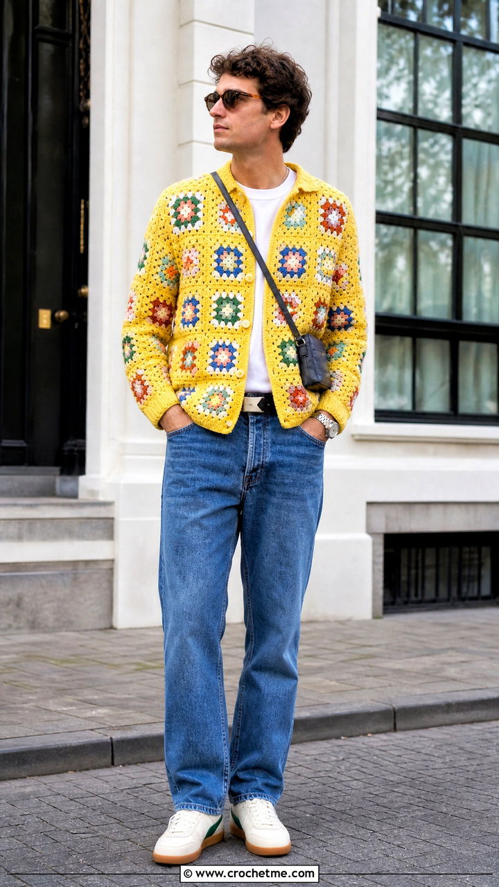 Granny Square Crochet Sweater With Straight Jeans - 35 crochet sweater for men outfit ideas