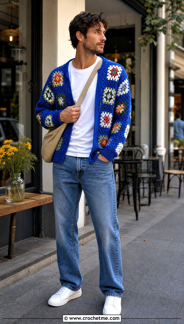 Granny Square Crochet Sweater With Straight Jeans - 30 male crochet sweater outfit ideas