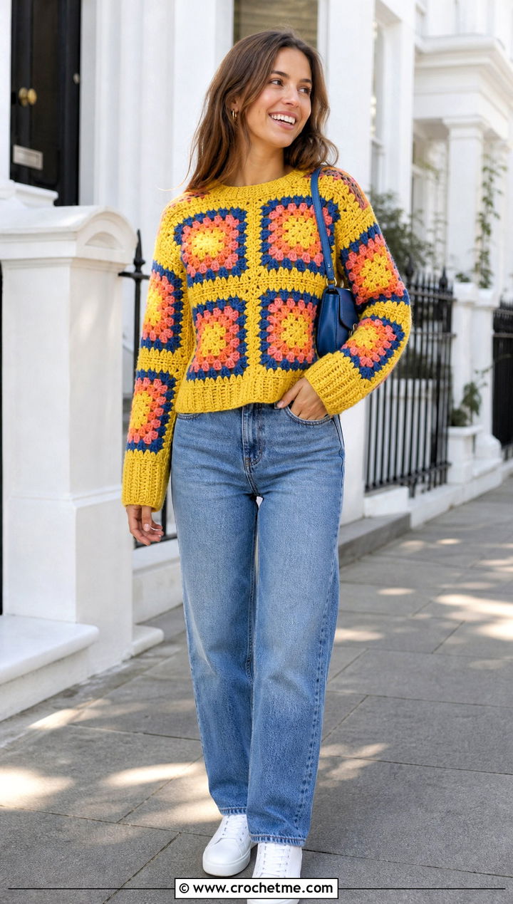 Granny Square Crochet Sweater With Straight Leg Jeans - 35 cute crochet sweater outfit ideas
