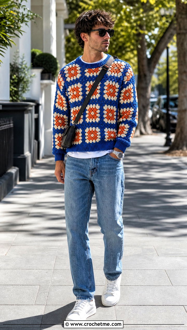 Granny Square Crochet Sweater With Straight Leg Jeans - 35 men's crochet sweater ideas